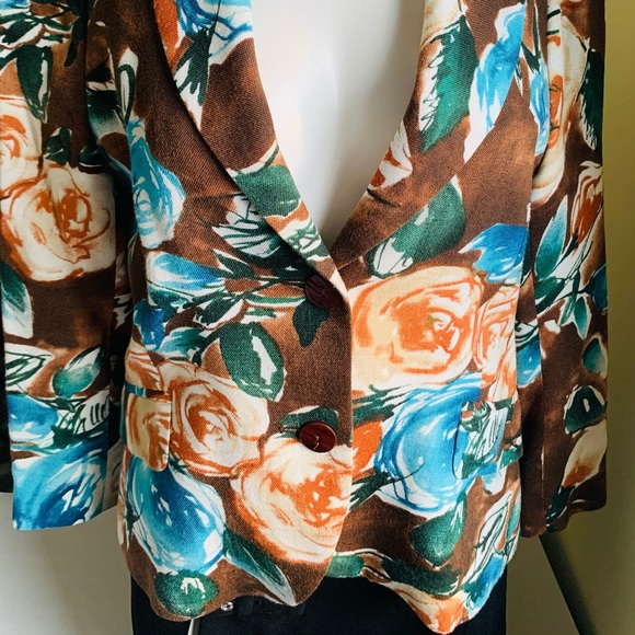 Zara Floral Short Blazer bright Orange & Blue Roses Pattern double collar US 10 - Picture 7 of 10